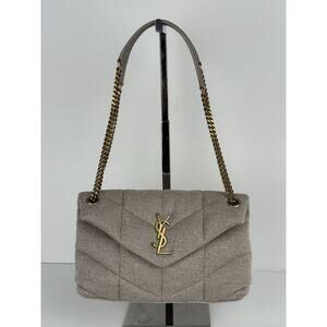 SAINT LAURENT Small Puffer Wool Chevron Quilt Shoulder Bag in Chalk Beige